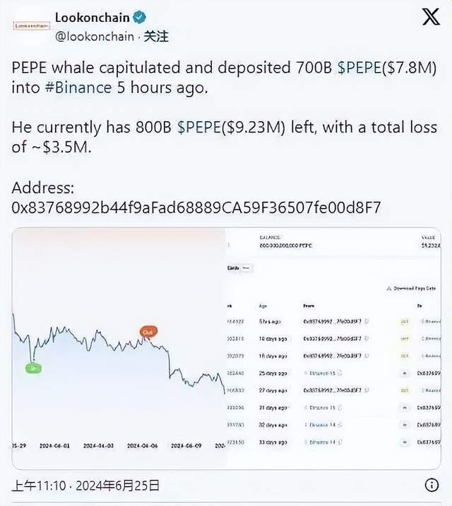 Pepe：鲸鱼向币安发送价值 780 万美元的 PEPE